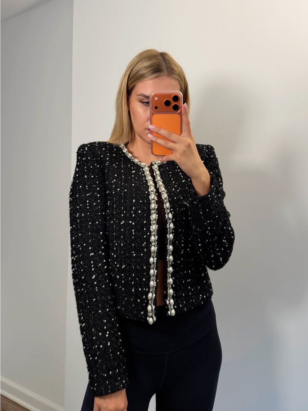 Classic Black Tweed Pearl-Trim Jacket alice&olivia